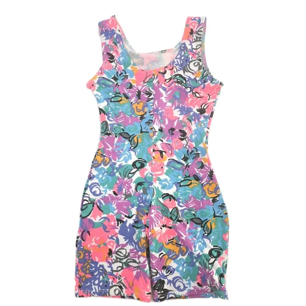 Gilda Marx Kids VTG 80s Pastel Scribbles Cotton Biketard Leotard Dance Size 8/10
